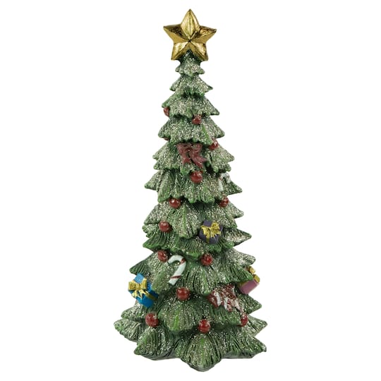 Northlight; 10" Glittered Christmas Tree Tabletop Decoration with Ornaments; Category:Christmas Tabletop Decor; Image:1